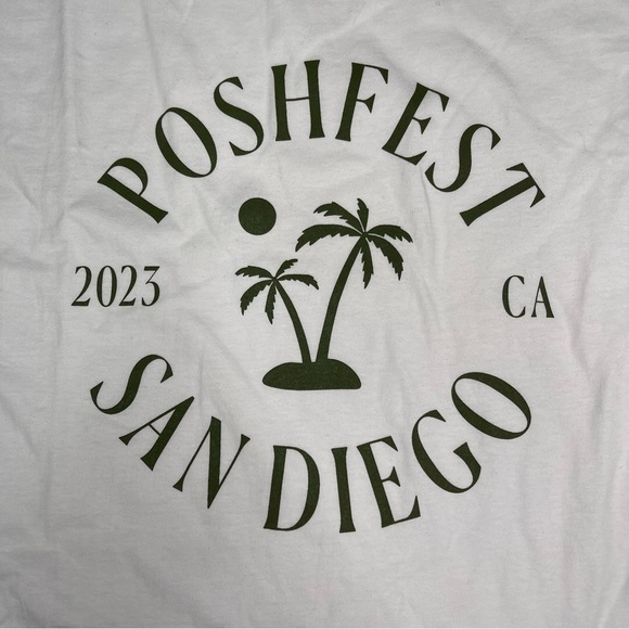 Poshmark Poshfest San Diego Tee Tshirt White Olive Green Lettering Swag 3X New - Picture 2 of 12